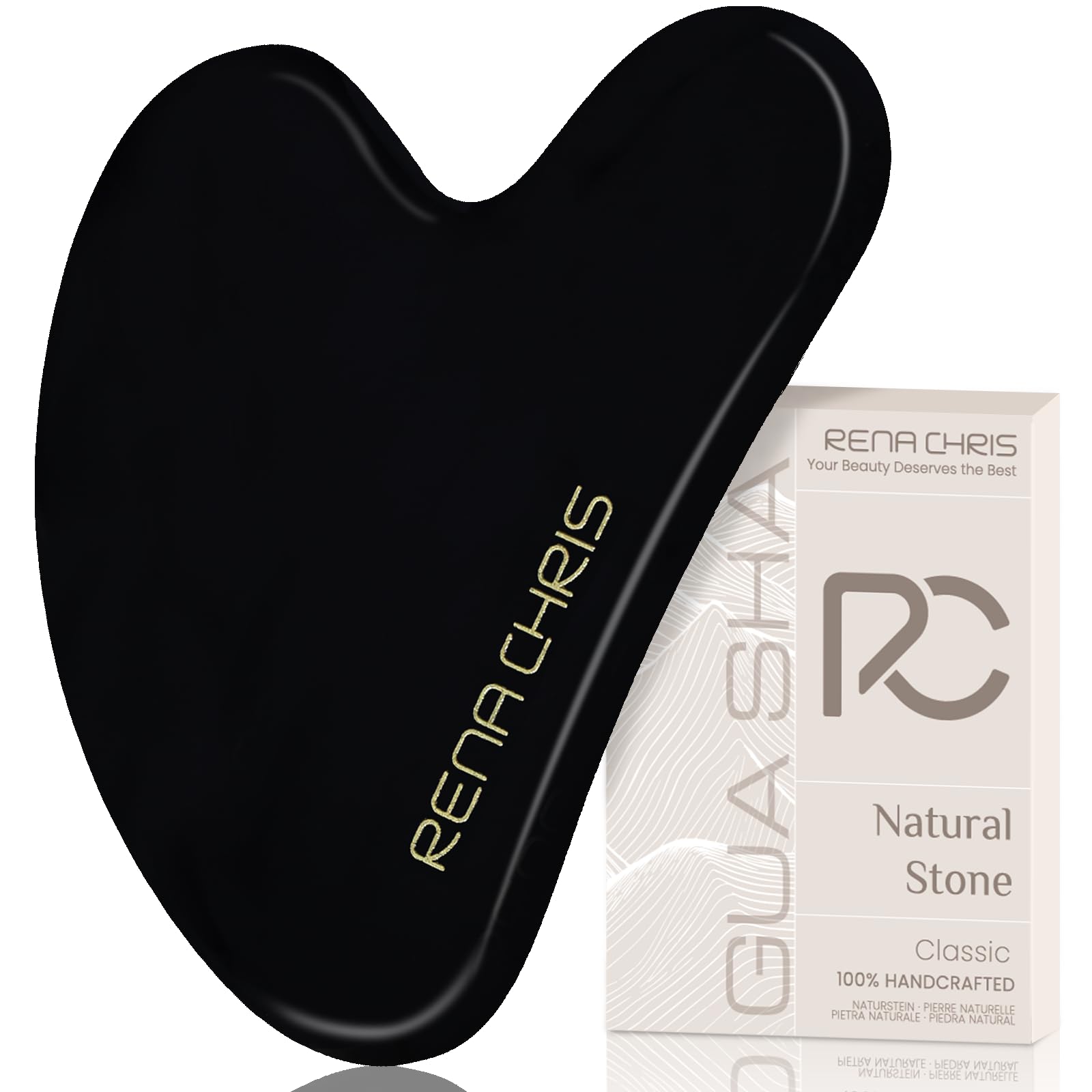 Rena Chris Gua Sha Facial Tools: Natural Obsidian Guasha Tool for Face Acupuncture Therapy, Facial Massager for Jawline Sculpting and Puffiness Reducing (Black)