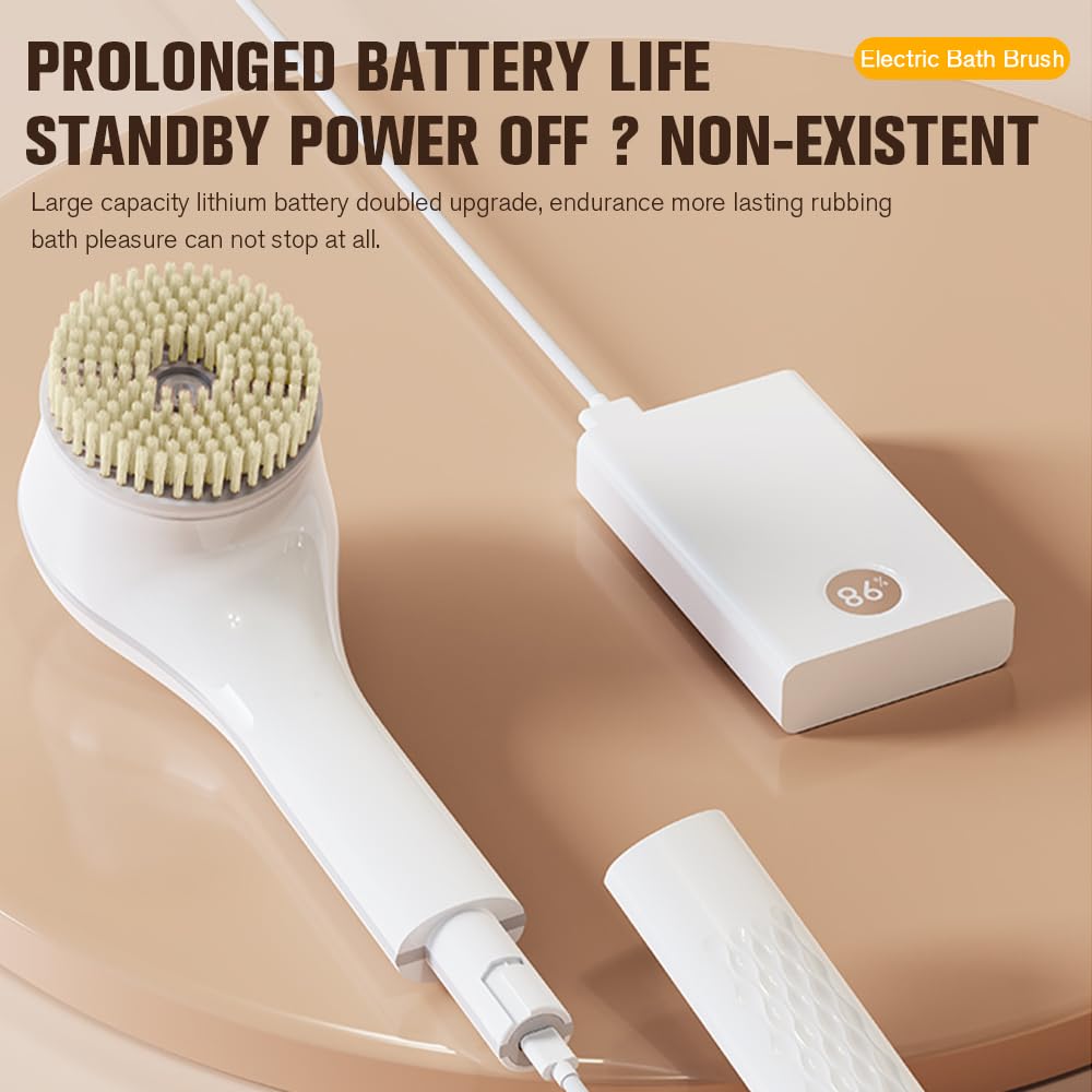 Electric Body Brush Set, Electric Body Brush for Shower, exfoliating Bath Brush with Long Handle, for Shower Lotion applicator, Back Silicone Body Scrub, with 6 Shower Brush Heads (White)