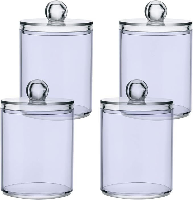 Lavender Qtip Holder Organizer Dispenser Cotton Swabs Cans Plastic Jars with Lid Set 4 Pack Bathroom Storage Canister for Cotton Ball Floss Cotton Pads