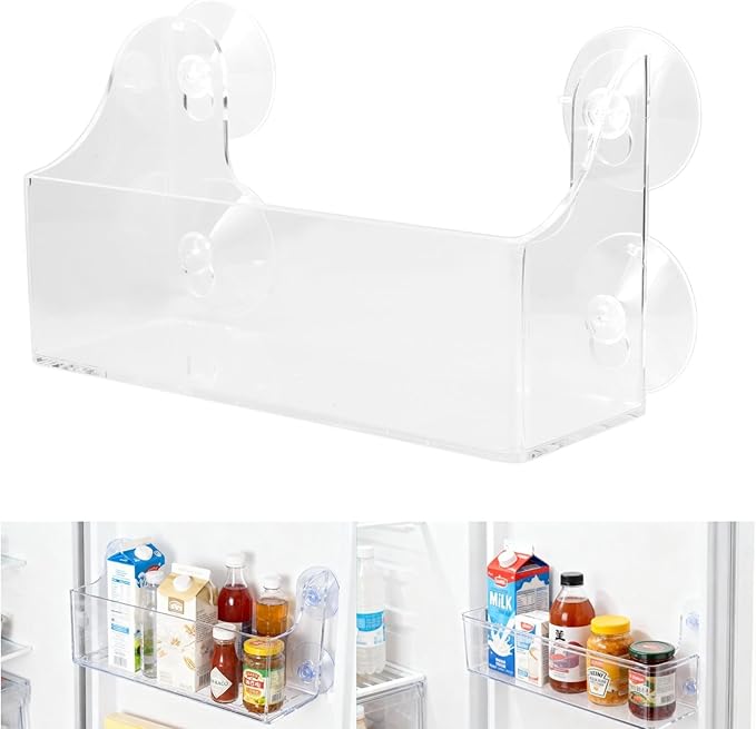 STOBAZA Suction Cup Shelf for Fridge, Clear Acrylic Fridge Door Organizer for Drinks, Spices, Small Bottles, Kitchen Storage, Bathroom, Window and Smooth Surface Use