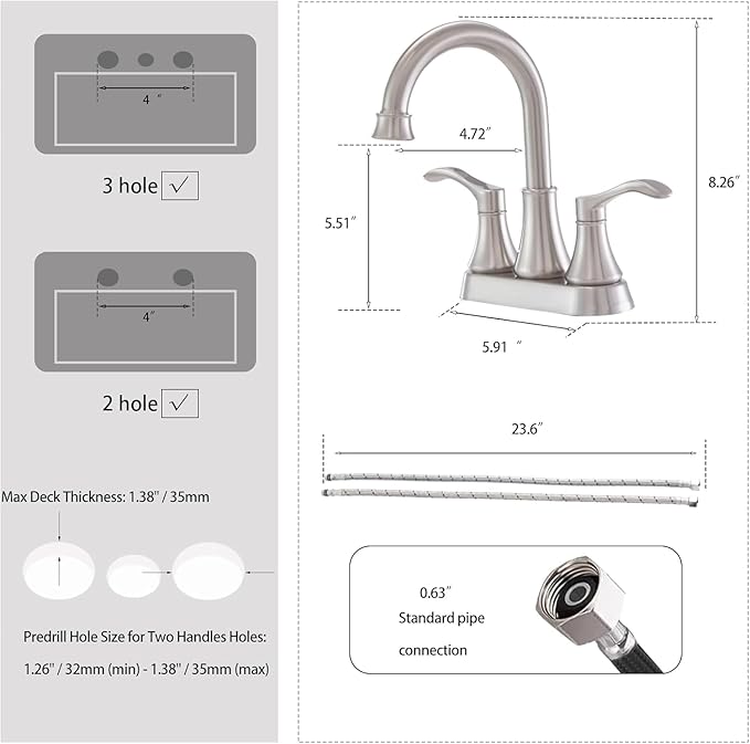 Brushed Nickel Bathroom Sink Faucets, 360° Swivel High-Arc Spout 2-Handle 4 Inch Centerset Lavatory Vanity Faucets Set for Bathroom Sink with Drain & Water Hoses, 2 Pack, VLSZST050L-2