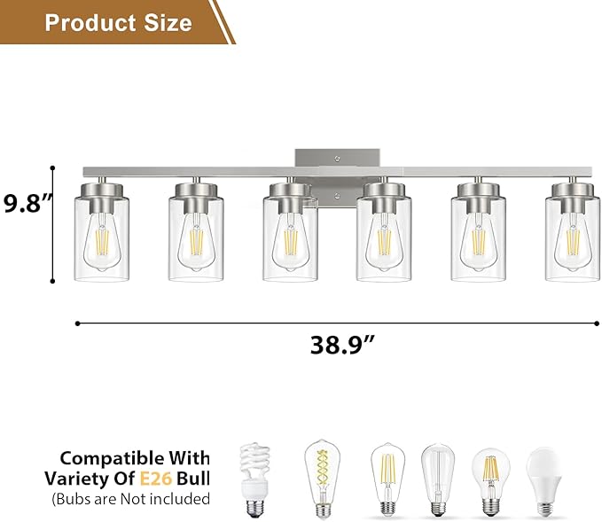 IZORRO Modern Bathroom Light Fixtures, 6 Light Brushed Nickel Vanity Lights, Bathroom Lighting Fixtures Over Mirror with Clear Glass for Living Room Cabinet Bedroom
