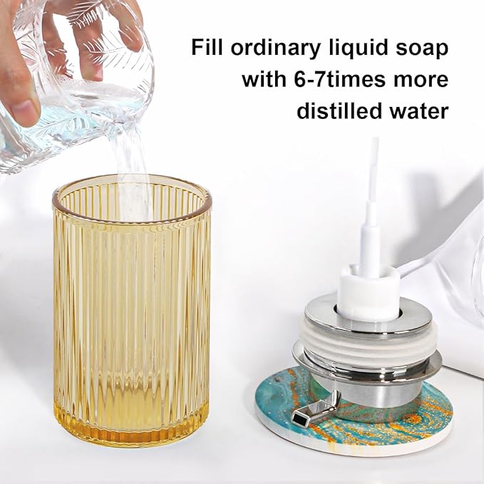 Tonxus Foaming Soap Dispenser, 12 Oz Amber Glass Foam Hand Soap Dispenser, Refillable Glass Foam Pump Bottle Container Decorative Slim Ribbed Bottle for Bathroom and Kitchen