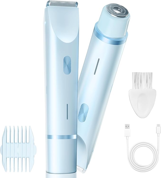 Bikini Trimmer for Women, Dual-Head Electric Body Hair Trimmer for Sensitive Areas, IP67 Waterproof Rinsable, USB-C Rechargeable Groomer for Bikini Line, Underarms, Legs & Face (Cloud Blue)
