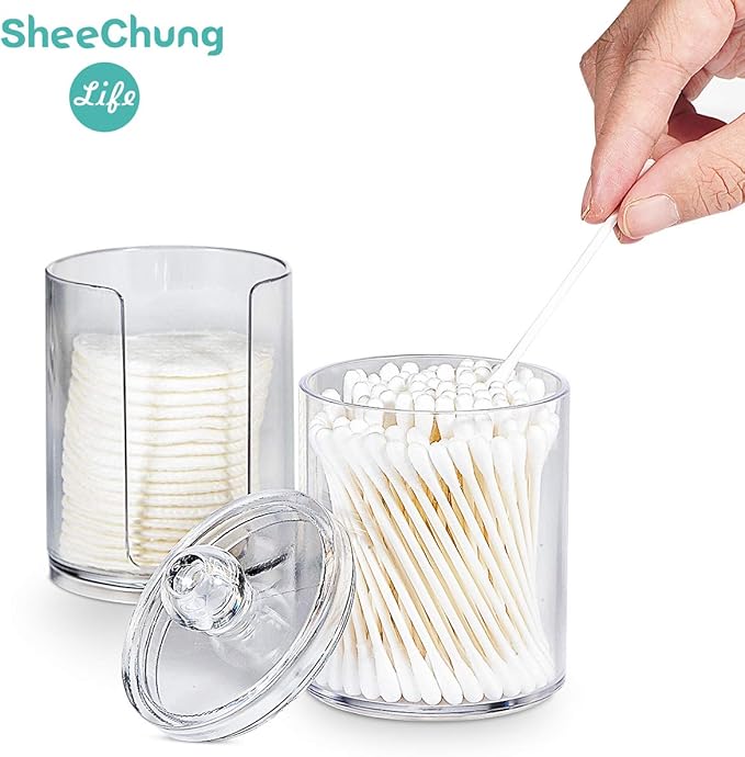 SheeChung Clear Acrylic Qtip Holder Dispenser, Shatterproof Cotton Ball Holder for Bathroom Organization - Vanity Storage Canisters for Cotton Swabs,Balls,Pads(2 Pack 10oz&12oz)