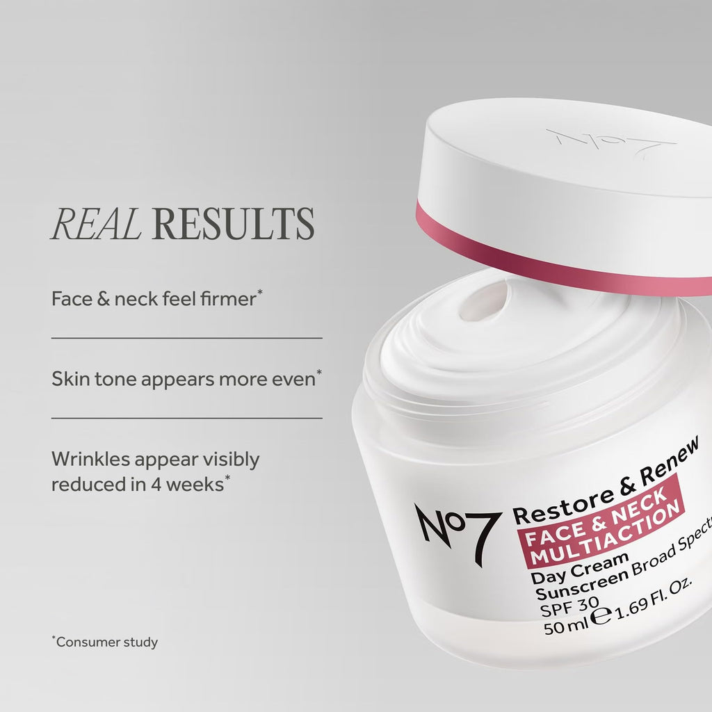 No7 Restore & Renew Multi Action Face & Neck Cream - Anti Aging Face Moisturizer with SPF 30 - Helps to Firm & Hydrate Crepey Skin - Formulated with Hyaluronic Acid, Peptides & Ceramides (1.69 Oz)