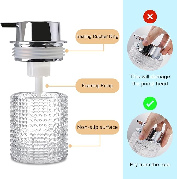 Fvstar Foaming Hand Soap Dispenser, 10 oz Refillable Clear Glass Foam Soap Dispenser with Large Pump Bottle Container for Kitchen and Bathroom,1 pc