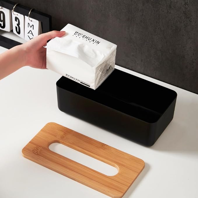 Tissue Box with Bamboo Cover,Plastic Tissue Organizer,Bathroom Tissue Dispenser for Home,Bedroom,Office,Living Room,8.1×4.6×2.9 in (Black)