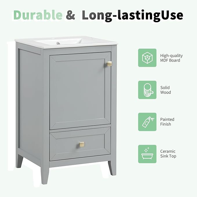 Bellemave 20-inch Bathroom Vanity with Sink, Free Standing Bathroom Vanity Cabinet with Soft Closing Door, Storage Rack, and Drawer, Solid Wood Vanity Set with Ceramic Sink（Grey）