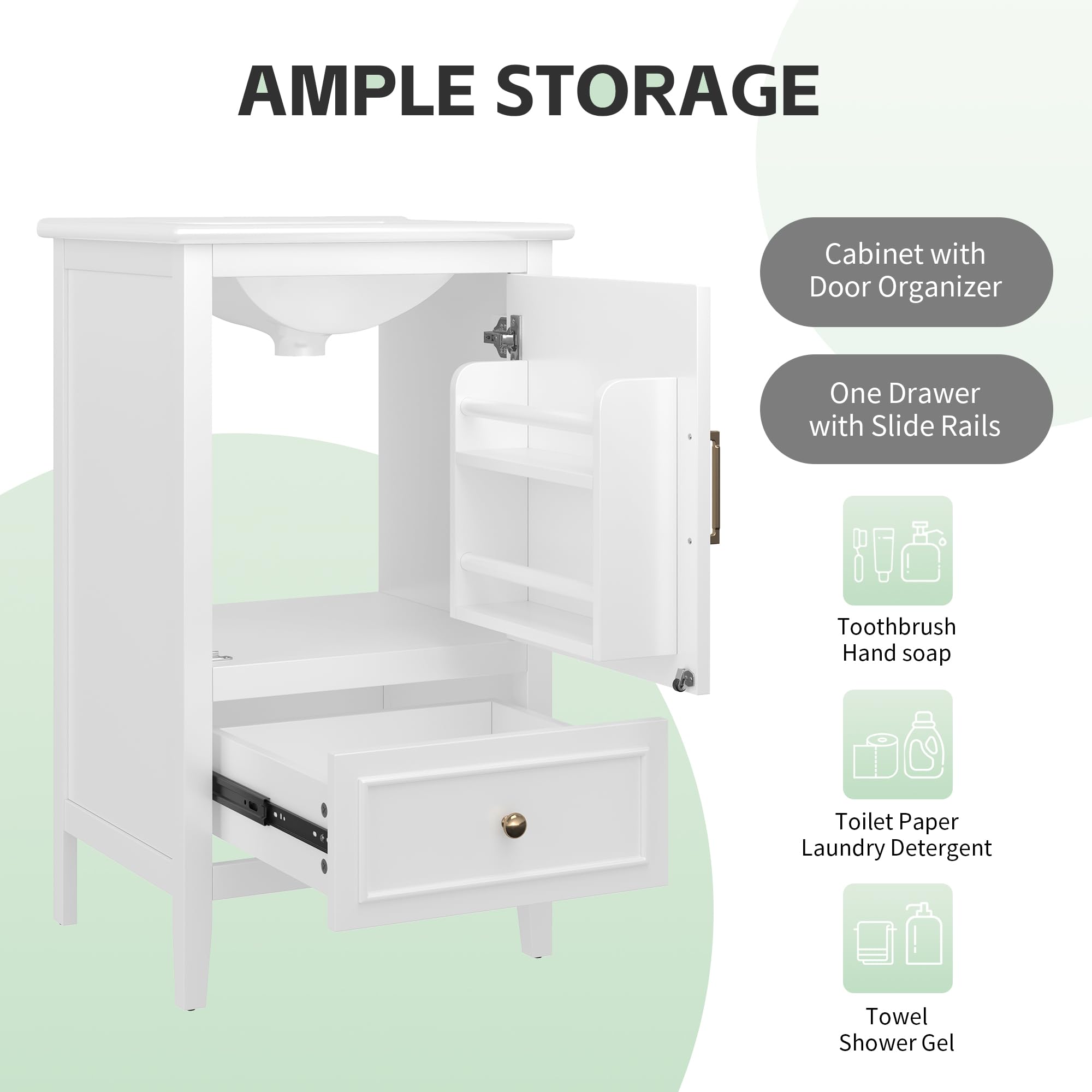 Bellemave 20 Inch Vanity with Sink, Free Standing Bathroom Vanity Cabinet with Soft Closing Door, Storage Rack, Drawer (White)