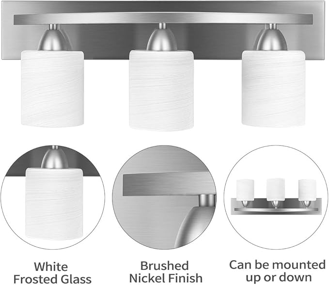 PARTPHONER - Bathroom Vanity Light Fixture - Over Mirror - Modern Glass Shade - Brushed Nickel, E26 Base, 3-Light