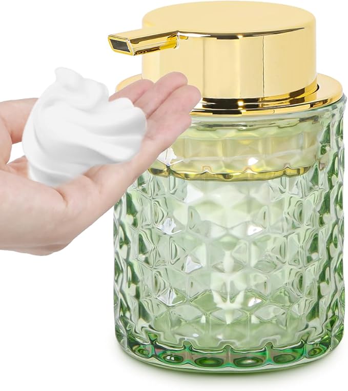 Fvstar 10 Oz Glass Hand Soap Dispenser with Pump, Refillable Bathroom Gold Foaming Soap Dispenser, Vintage Glass Diamond Lotion Container Bottle for Bathroom and Kitchen (1, Green and Gold)