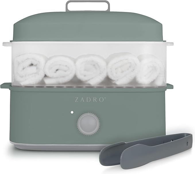 Zadro Towel Steamer with Tongs, 850W Heater, 8L Tray, 1.7L Tank, 30-min Timer for Facials, Manicures, Pedicures, Shaving (13"x12", 120V/850W, 8L, Dark Green)