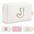 Small Personalized Initial A-Z Preppy Patch Makeup Bag,White PU Chenille Letter Travel Cosmetic Pouch with Zipper,Cute Toiletry Bag,Gift Ideal for Teen Girls Women Teacher Bridesmaid,Letter J