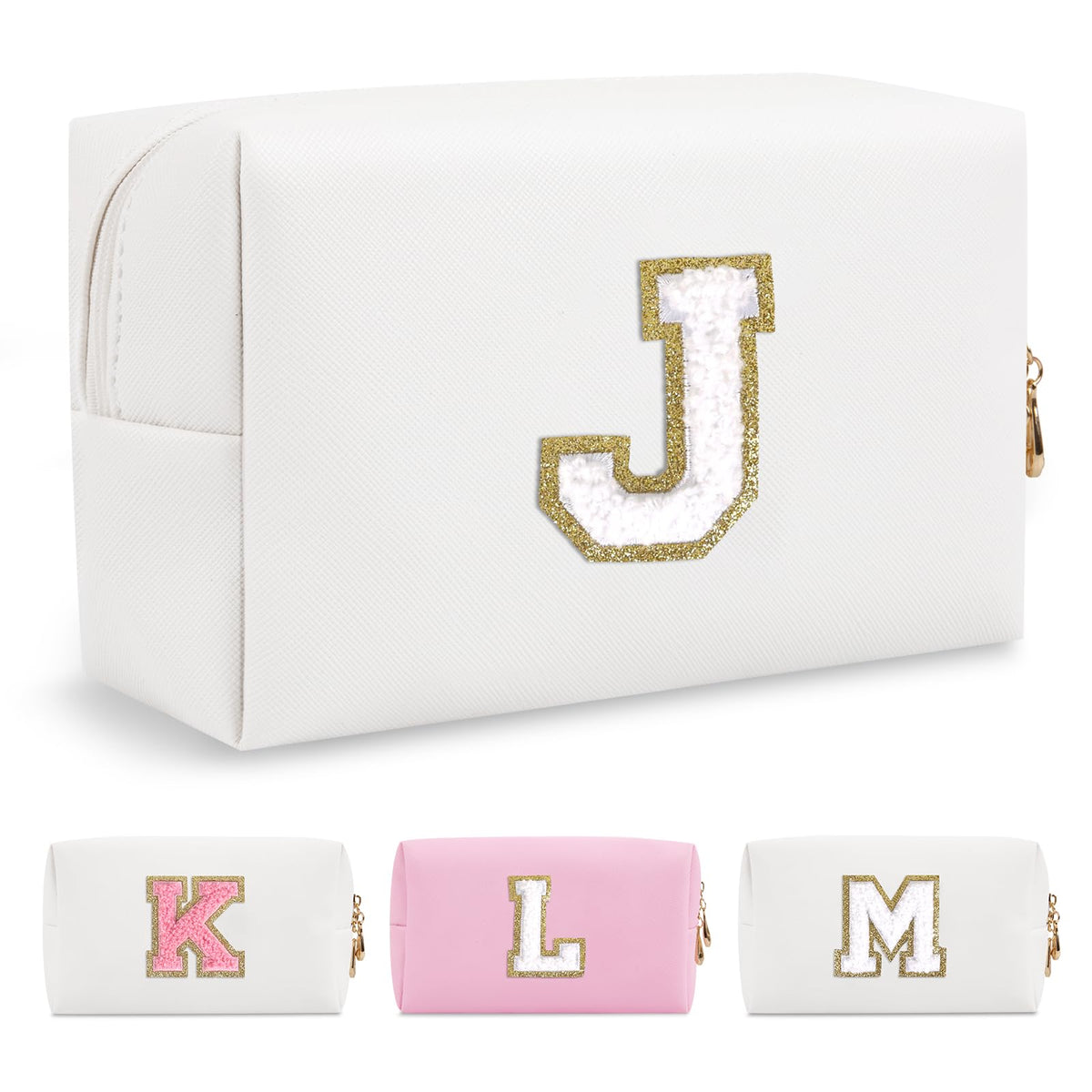 Small Personalized Initial A-Z Preppy Patch Makeup Bag,White PU Chenille Letter Travel Cosmetic Pouch with Zipper,Cute Toiletry Bag,Gift Ideal for Teen Girls Women Teacher Bridesmaid,Letter J