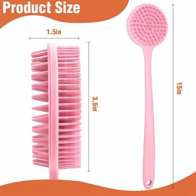 YouthRun Silicone Body Scrubber for Shower Men Women – Dual-Sided Exfoliating & Massage Shower Brush with Long Handle, Creates Rich Lather, Includes 1 Hook & 2 Lather Balls (Pink).