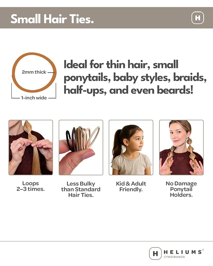 Heliums Small Hair Ties - Brown - No Damage Mini 1 Inch Reusable 2mm Elastics for Thin Hair and Kids, Neutral Ponytail Holders - 48 Count