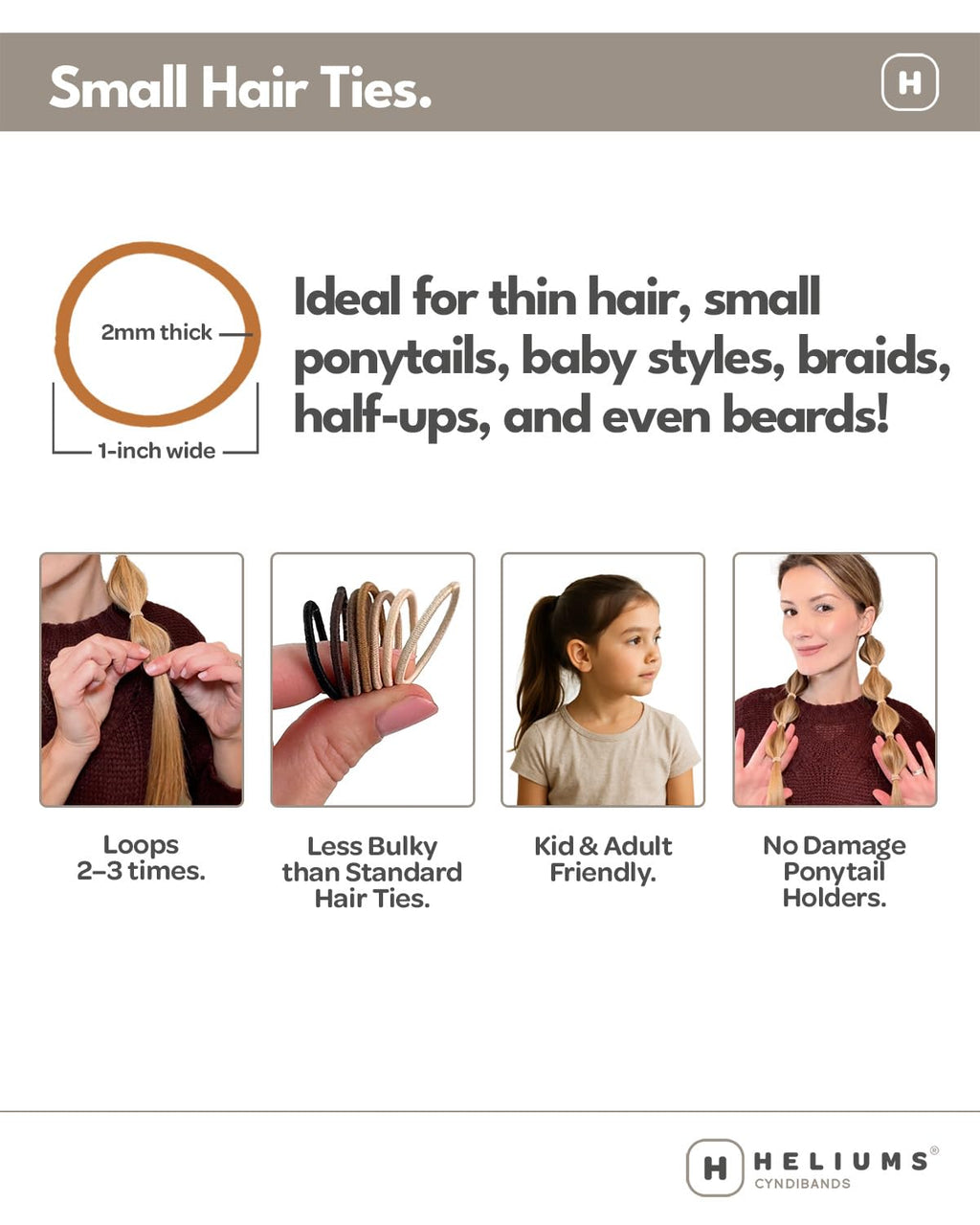 Heliums Small Hair Ties - Beige Blonde - No Damage Mini 1 Inch Reusable 2mm Elastics for Thin Hair and Kids, Neutral Ponytail Holders - 48 Count