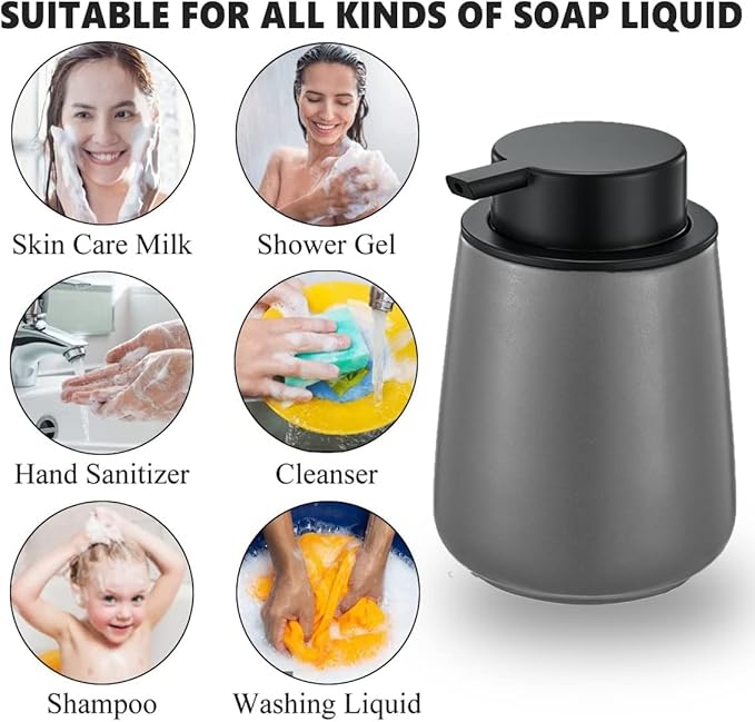 12Oz Hand Soap Dispenser Set - 2 Pack Ceramic Lotion Soap Dispenser Set with Easy-to-Press Black Pump, Refillable Mordern Liquid Dish Soap Dispensers for Bathroom & Kitchen (Grey, Liquid Pump)