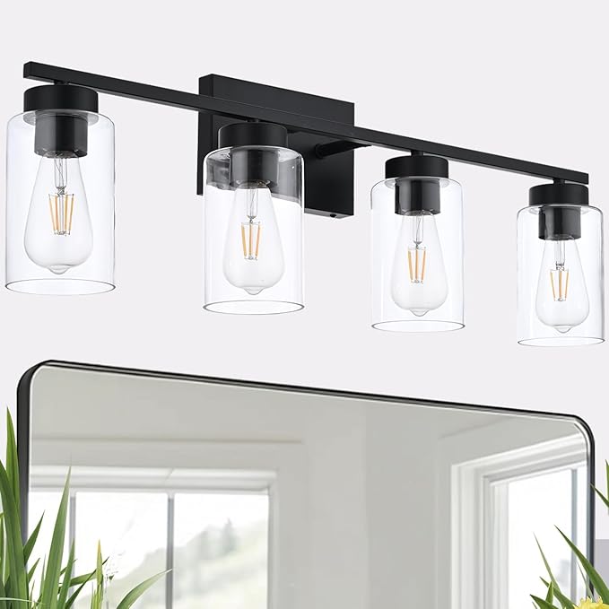 A1A9 4 Light Bathroom Vanity Light Fixtures, Matte Black Modern Wall Lights with Clear Glass Shade, Vintage Wall Sconce Lighting for Living Room, Mirror, Bedroom, Hallway (Black, 4-Lights)