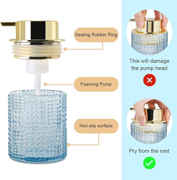 Fvstar Foaming Soap Dispenser, 2pcs Blue Glass Foam Soap Dispenser with Gold Pump, Refillable 10oz Lotion Liquid Container Pump Bottle for Bathroom Kitchen Countertop