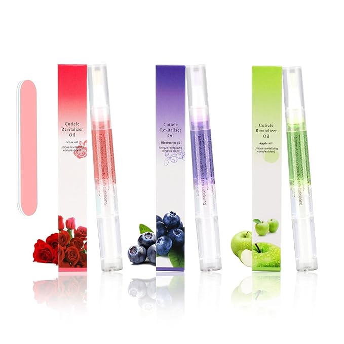 Meschett 3PCS Nail Cuticle Oil Pens with Nail File, Natural Cuticle Oil for Nail Care, Moisturizing Nail Oil for Dry Nails & Cuticles (Blueberry & Rose & Apple Flavor)