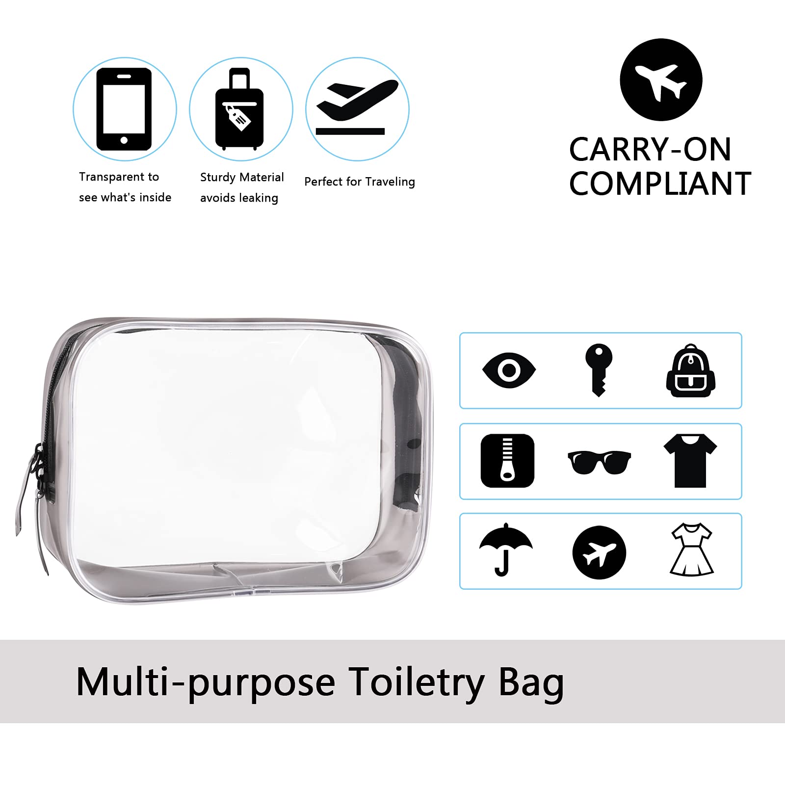 Buminee Clear Travel Bags for Toiletries, Lightweight Toiletry Bag, 2 Pack Multipurpose Transparent TSA Cosmetic Bag