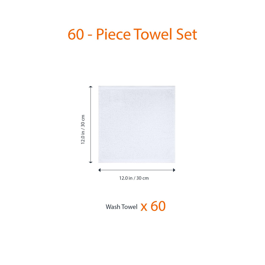 Amazon Basics Highly Absorbent, Fast Drying 100% Cotton Washcloths for Bathroom, Machine Washable, Soft, 12 x 12 in, White, 60-Pack