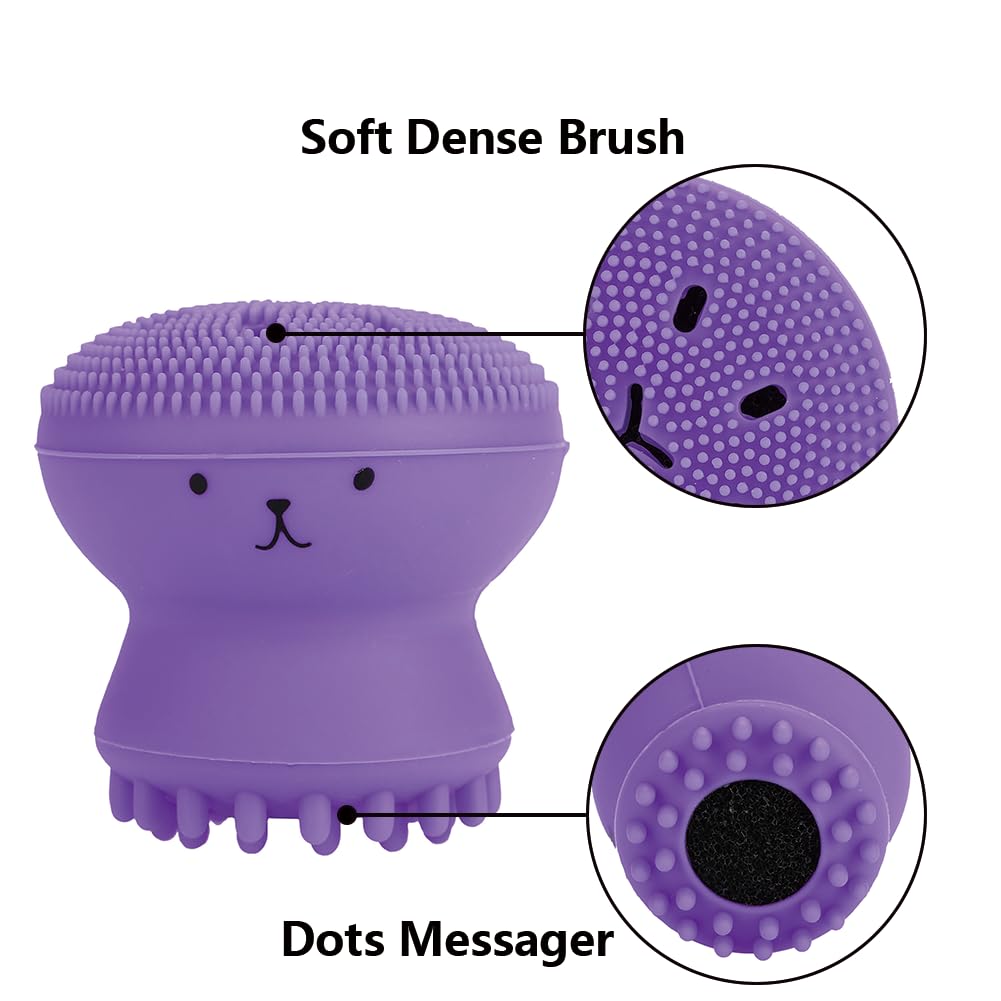 Facial Cleansing Brush Jellyfish Exfoliating Face Brush Handheld Massaging Cute Small Octopus Shape Facial Scrubber Spin Cleanser Massage Baby Shampoo Brush Exfoliate Skin for Men Women(púrpura)