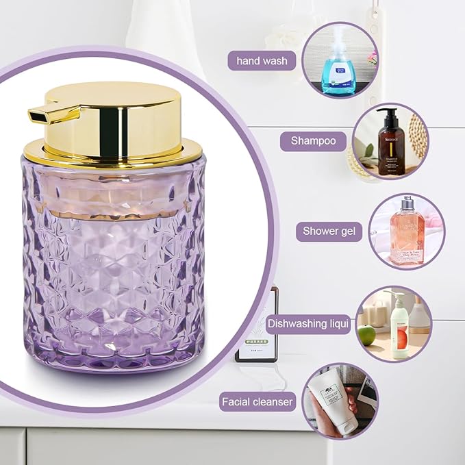 Fvstar 10 Oz Glass Hand Soap Dispenser with Pump, Refillable Bathroom Gold Foaming Soap Dispenser, Vintage Glass Diamond Lotion Container Bottle for Bathroom and Kitchen (1, Purple and Gold)