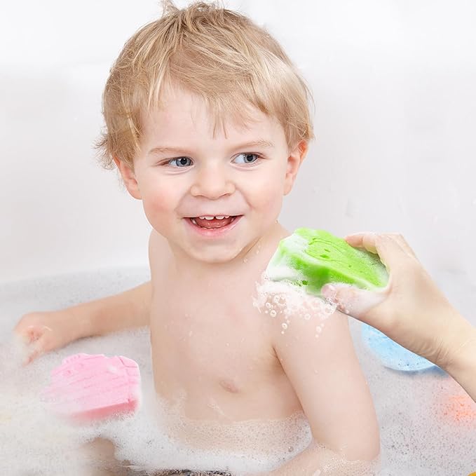 DANCELF Baby Bath Sponge, Natural Cute Shapes Soft Shower Sponges for Bathing, Bathtub Foam for Infants and Toddler, 3pcs: Blue Whale, Pink Ship, Green Dinosaur