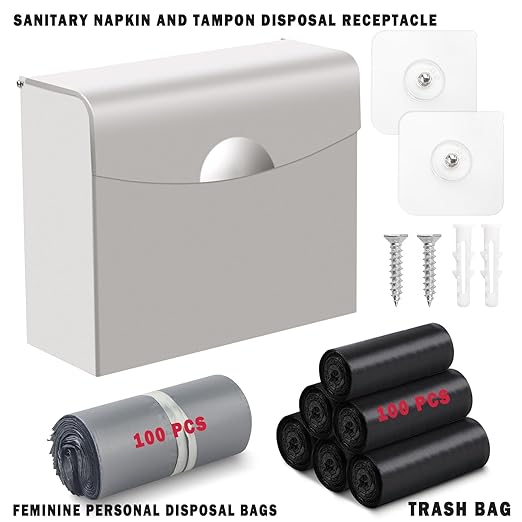 FAOEHN Sanitary Napkin Receptacle with Hygiene Disposal Bags and Trash Bag, 9.4x7.8x3.5 inches Stainless Steel Wall Mounted Feminine Hygiene Bin for Bathroom, Office (Silver)