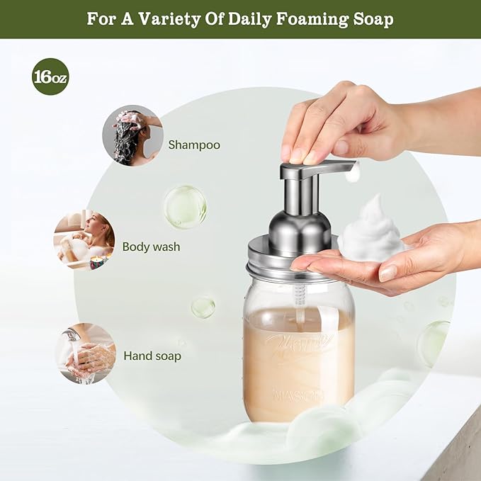 Amolliar Plastic Mason Jar Foaming Soap Dispenser with Pump Lid,16OZ Refillable Hand Soap Dispenser Set with Cute Lables - Farmhouse Decor for Kitchen/Bathroom, Lotion Dish Soap (2 Pack, Silver)