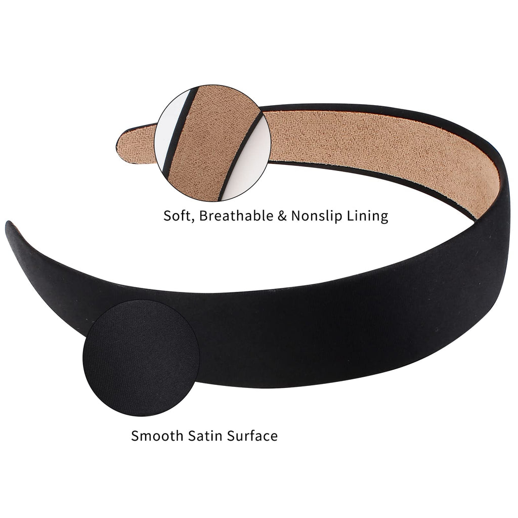 Wecoe 10 Pack Black Satin Wide 1.3 Inch Non-Slip Fashion Halloween DIY Plain Solid Hair Bands for Women and Girls