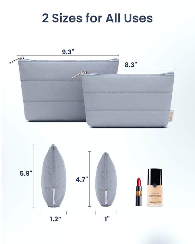 Wandering Nature Small Makeup Bag 2 Pack Cosmetic Bag for Purse, Puffer Quilted Makeup Pouch, Cute Travel Pouch with Zipper for Women, Gray Blue
