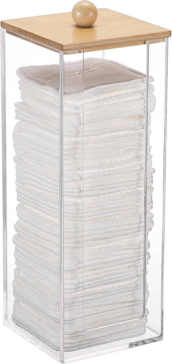 GUSHBIN Acrylic Clean Pad Storage Box Vertical Cotton Pads Holder Square Makeup Pad Dispenser with Lid Clear Bathroom Countertop Vanity Organizer