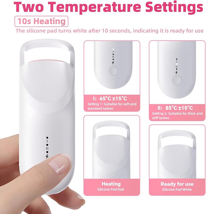 Heated Eyelash Curler, 10s Fast Heating Portable Electric Lash Curler, Type-C Rechargeable Travel Eye Lash Curlers with Anti-Scalding Silicone Pad, 2 Temp Modes & 24H Long Lasting Curves (White)