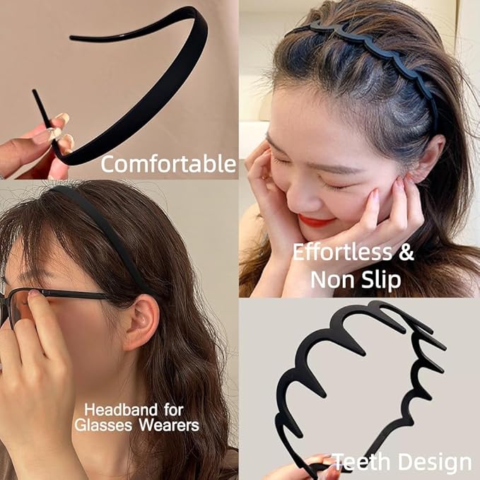 TOBATOBA 12Pcs Black Headbands for Women with Teeth Plastic Head Bands for Women's Hair Non Slip Comb Skinny Zig Zag Headbands Fashion Hair Accessories for Women Men Teen Girls