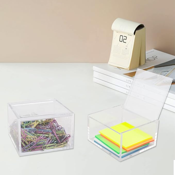 2 Pack Clear Acrylic Organizer with Lid for Paper Clips,Sticky Note,Qtip,Cotton Balls,Hair Ties Holder Acrylic Box for Home Office Bathroom Desk Organizer
