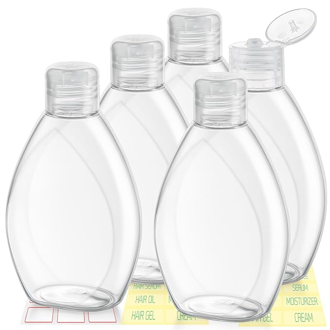 Wowang Travel Shampoo and Conditioner Bottles 6.9oz 5 Pack Leak Proof Plastic Squeeze Bottles with Flip Cap Refillable Toiletry Bottle Empty Containers for Shampoo Conditioner Body Wash(Clear)
