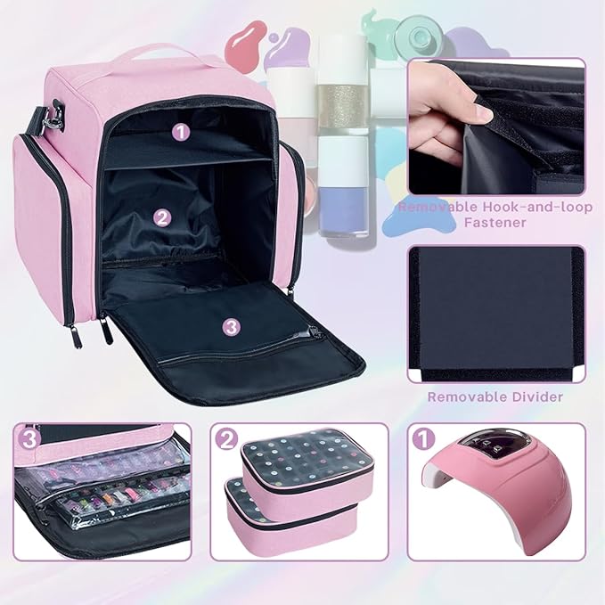 YAHOURWAT Nail Polish Organizer Holds 60 Bottles and a Nail Lamp,Portable Travel Case with 2 Removable Bags and Tools Storage Pockets Pink