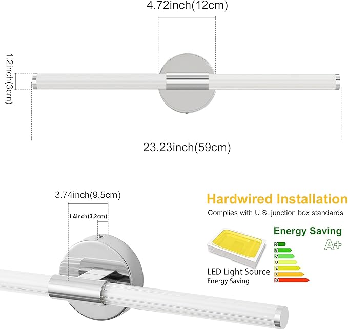 Bathroom Wall Sconces Set of 2 Hardwired, Dimmable 5CCT LED Bathroom Light Fixtures Over Mirror, 360° Full Lighting 23 inch Vanity Light Bar Modern Chrome Wall Sconce for Bedroom Living Room