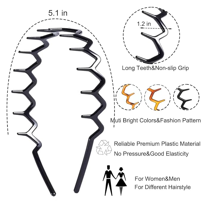 Supgoodom 6 PCS Zig Zag Headbands Plastic Wavy Hair Head Band Comb with Teeth Hoop Accessories for Women Men Girls, Classic Black&Retro Leopard
