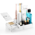 Luxspire Bathroom Counter Organizer, Marble Toothbrush Holder for Bathroom 6 Slot, Bathroom Vanity Organizer with Lid, Bathroom Organizer Countertop for Cotton Ball, Q-Tips, Floss, Gravel White