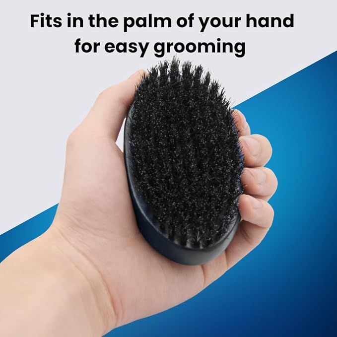 Beard Brush for Men, Natural Boar Bristles, Black Oval Wave Brush, Warp Resistant Wood Handle, for Fuller Thicker Hair, Beard & Mustache Growth, Exfoliation (Black)