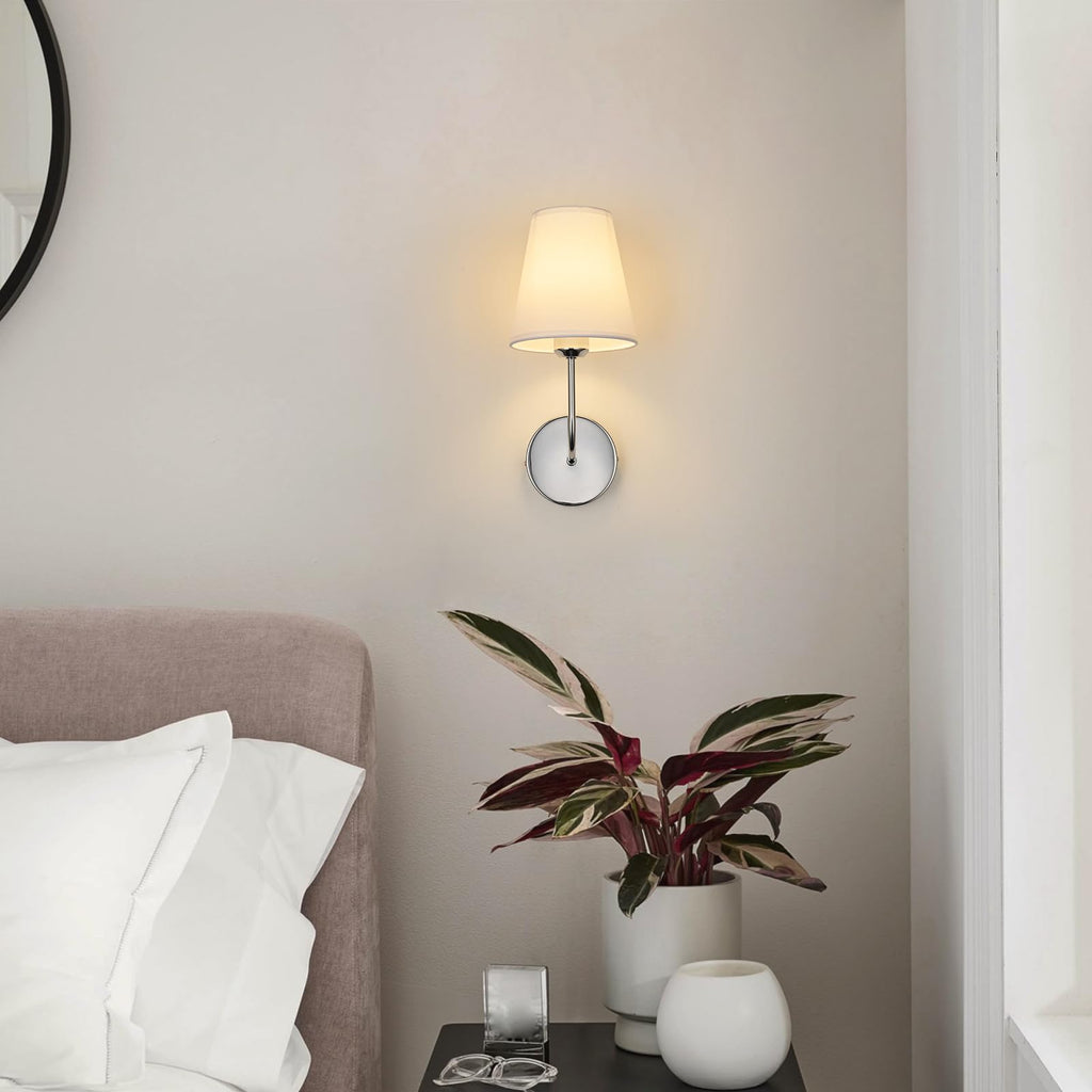LEECOORA Modern Hardwired Wall Sconces, Set of 2 in Chrome with White Fabric Shades,Farmhouse Light, Living Room, Hallway, Bathroom, Vanity, or Staircase. Sleek, Versatile Lighting