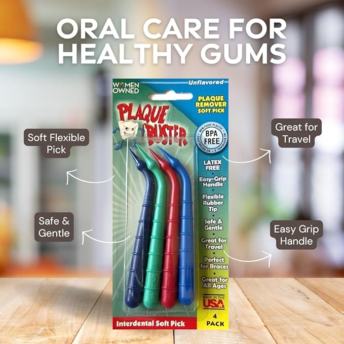 Plaque Buster (12 Count) Soft Interdental Pick, Gum Stimulator & Plaque Remover, Made in USA, for Oral Health and Healthy Gums, Multi-Colored