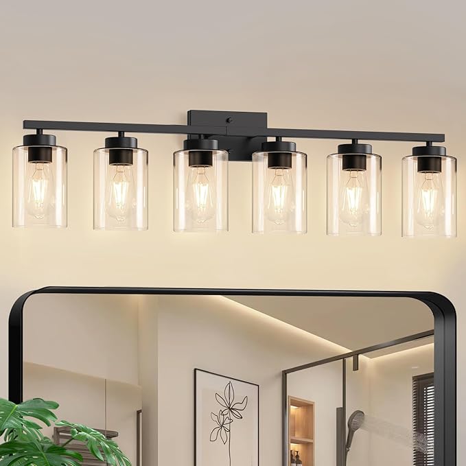 IZORRO Modern Bathroom Light Fixtures, 6 Light Black Vanity Lights, Bathroom Lighting Fixtures Over Mirror with Clear Glass for Living Room Cabinet Bedroom