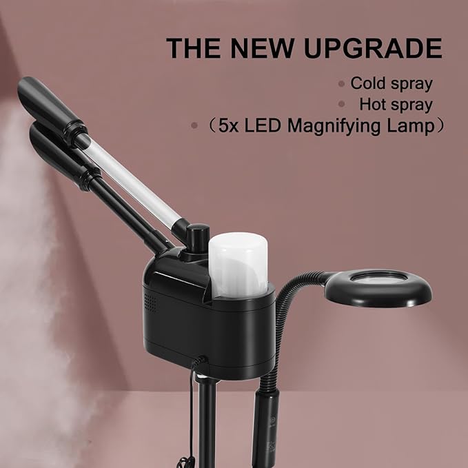 Artist hand Facial Steamer Professional 3 in 1 Hot and Cold Facial Steamer with 5X LED Magnifying Lamp, Esthetician Facel Steamer Fast Heating for Beauty Salon Spa Home Use, Black