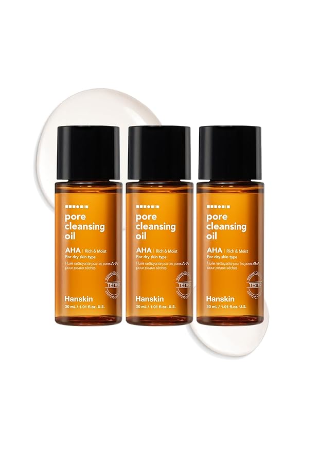 Hanskin AHA Pore Cleansing Oil for Dry Skin, Sample Trial Mini Size, Exfoliating Makeup Remover Facial Cleanser Set, Moisturizing, Korean Skincare [30 ml/Pack of 3]